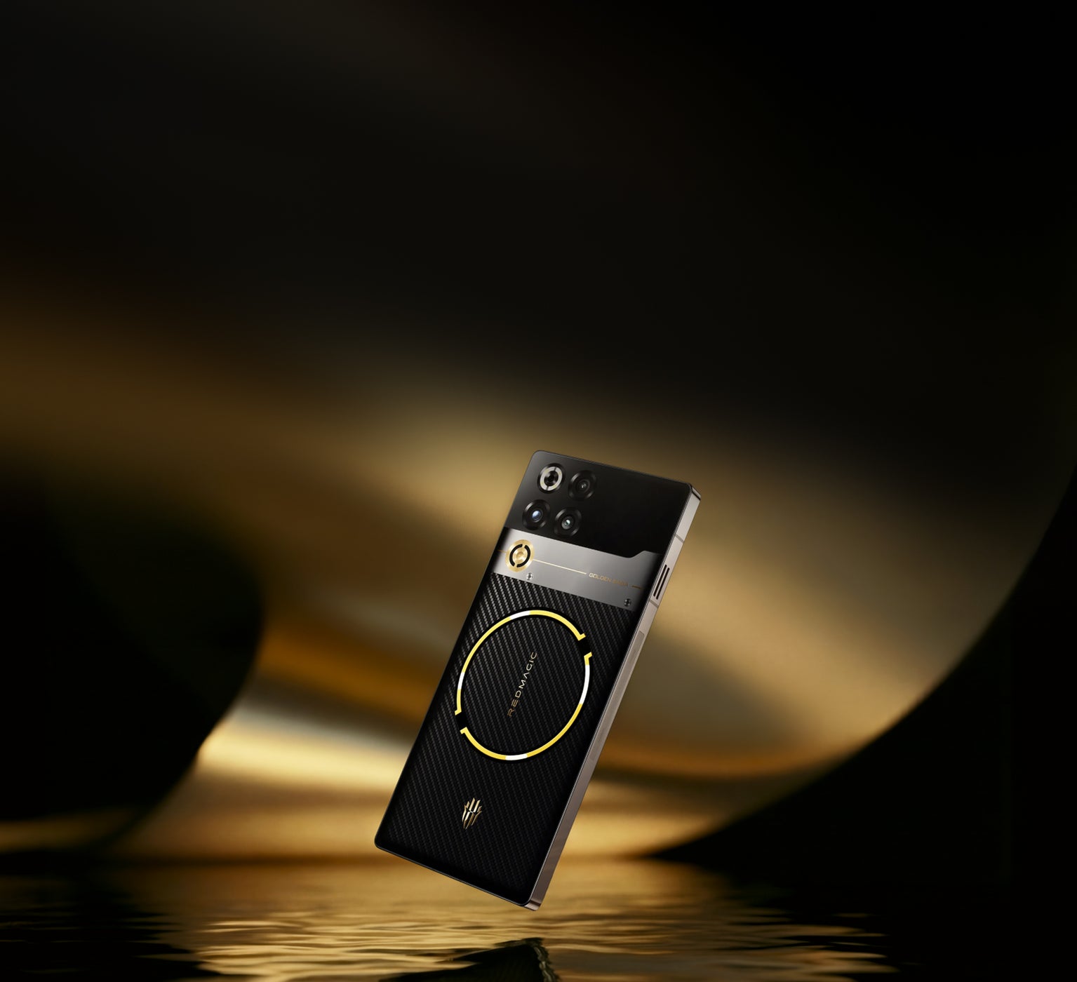 A sleek black smartphone with yellow circular design details floating above a reflective surface with a dark, blurred background.