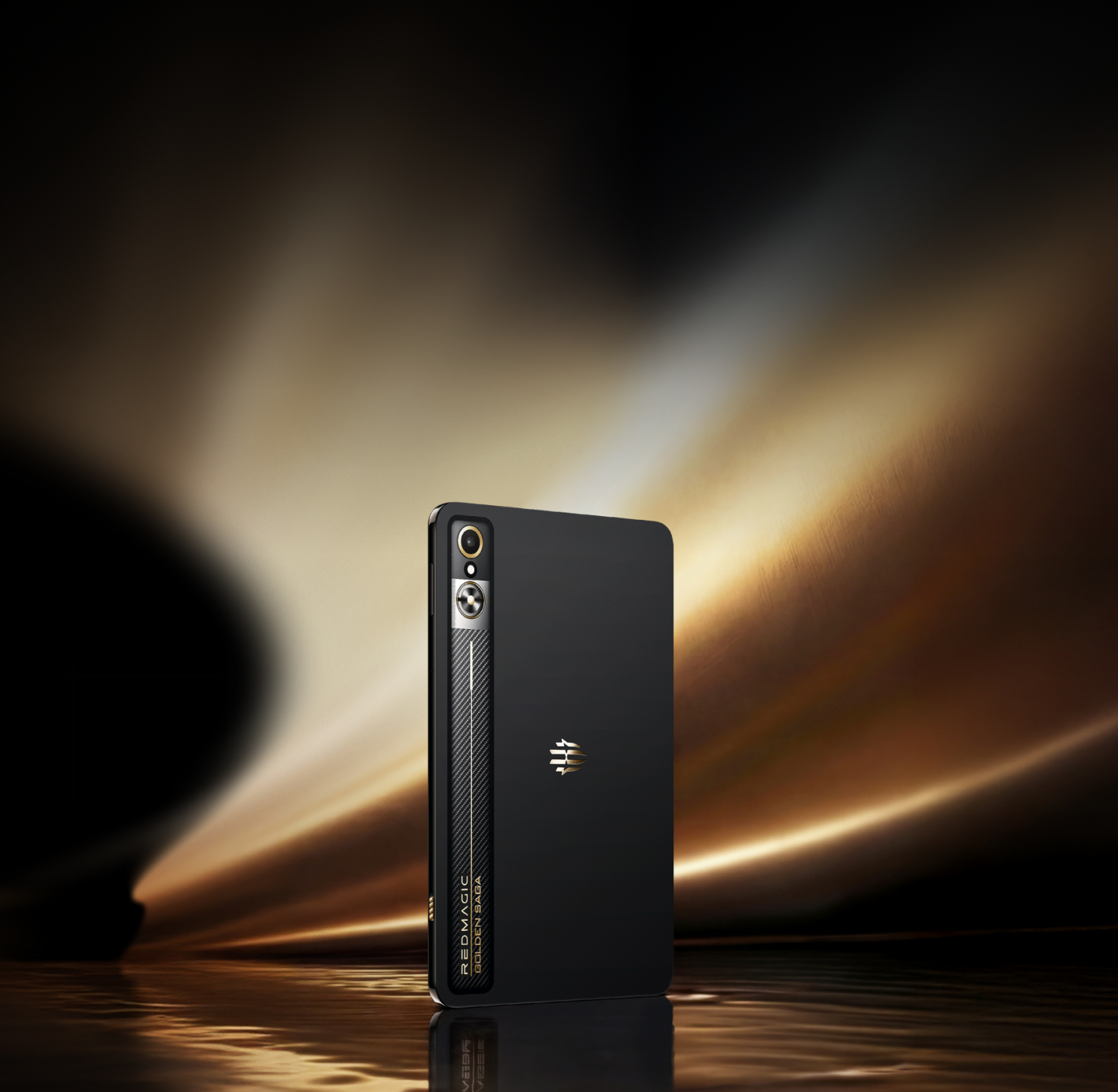 A sleek black smartphone standing upright with a reflective surface and a smoky, golden abstract background.