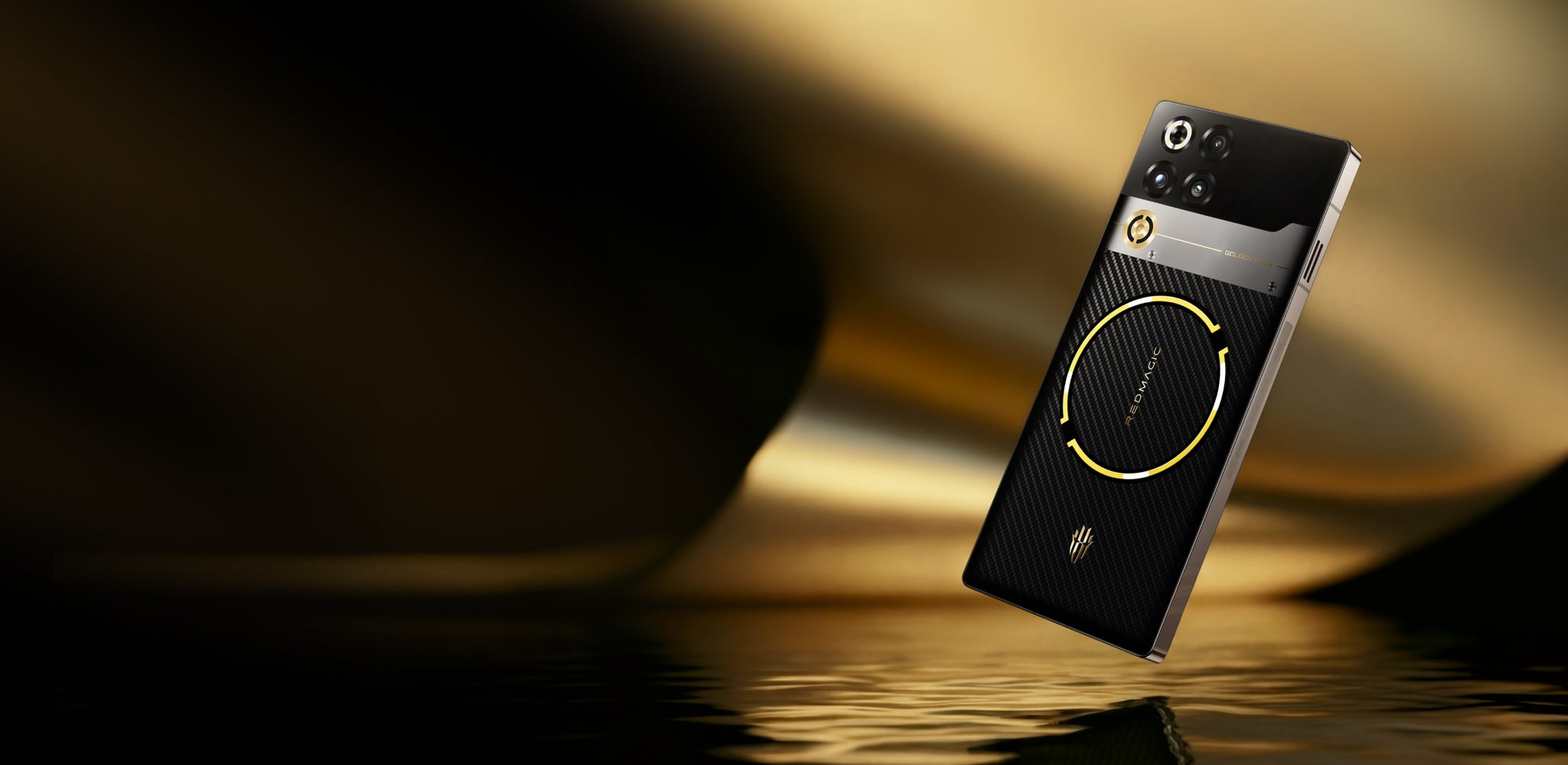 Black smartphone with textured back and circular design element floating over a reflective gold and black surface
