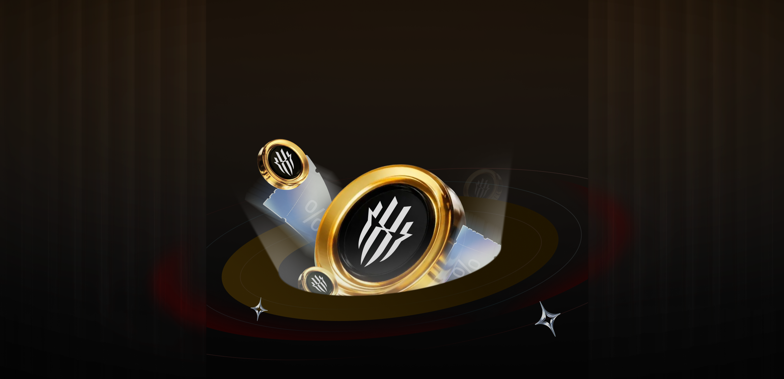 Golden rings with a black center and white abstract design floating above a dark circular surface with subtle star-like sparkles.