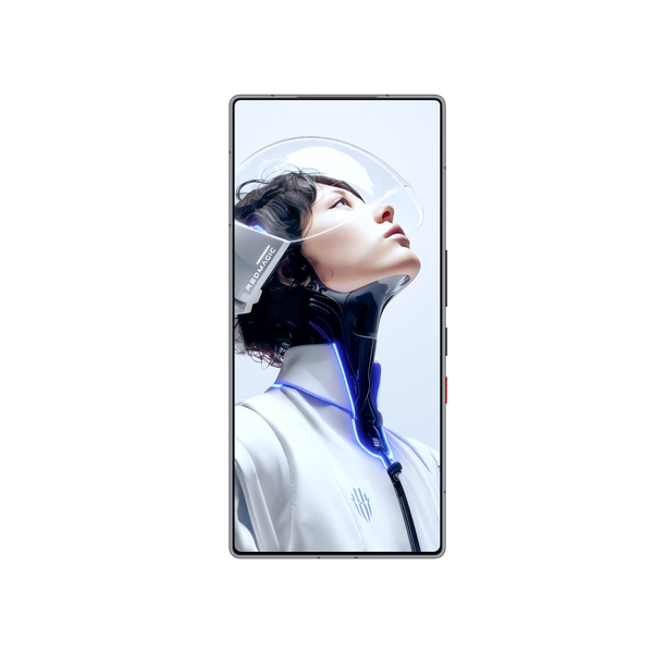Front view of REDMAGIC 11 Pro smartphone displaying a futuristic female character with glowing blue accents on screen
